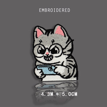 tabby cat playing on phone embroidered stick-on patch