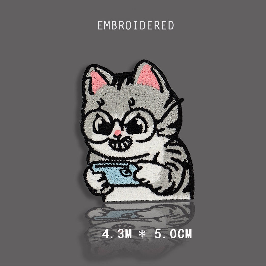tabby cat playing on phone embroidered stick-on patch