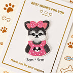 schnauzer in pink bow dress embroidered stick-on patch — polka dot pink dress with large bow collar