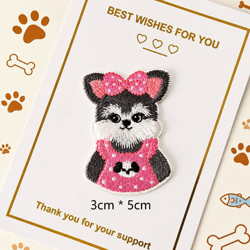 schnauzer in pink bow dress embroidered stick-on patch — polka dot pink dress with large bow collar