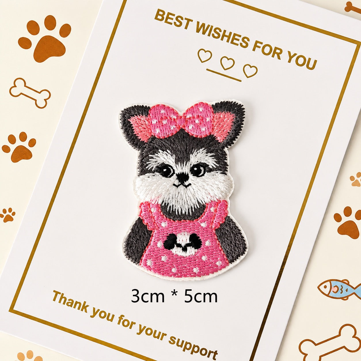 schnauzer in pink bow dress embroidered stick-on patch — polka dot pink dress with large bow collar