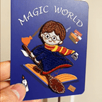 animated hand holding packaged magic world embroidered patches showing three styles and detailed embroidery texture