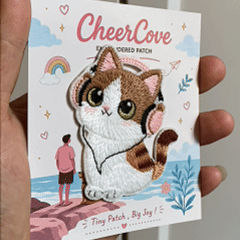 animated hand holding packaged kawaii music-loving cat embroidered patches showing two styles and detailed embroidery texture