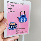 animated hand holding packaged teapot and teacup embroidered patches showing three styles and detailed embroidery texture