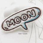 moon speech bubble embroidered stick-on patch — talk bubble shape with MOON in silver embroidered lettering