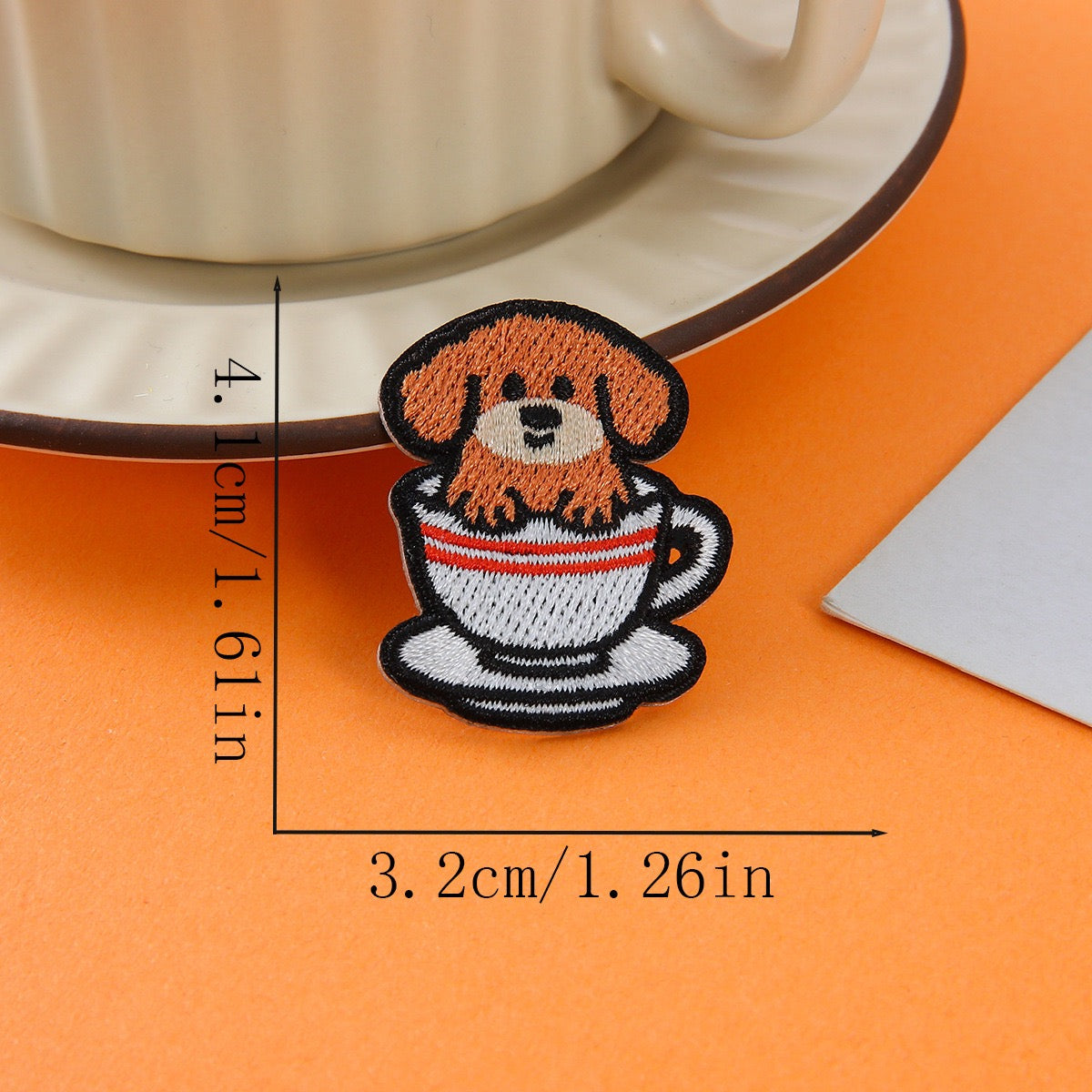 brown dog in red striped cup embroidered stick-on patch