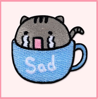 sad light blue teacup cat kawaii embroidered stick-on patch