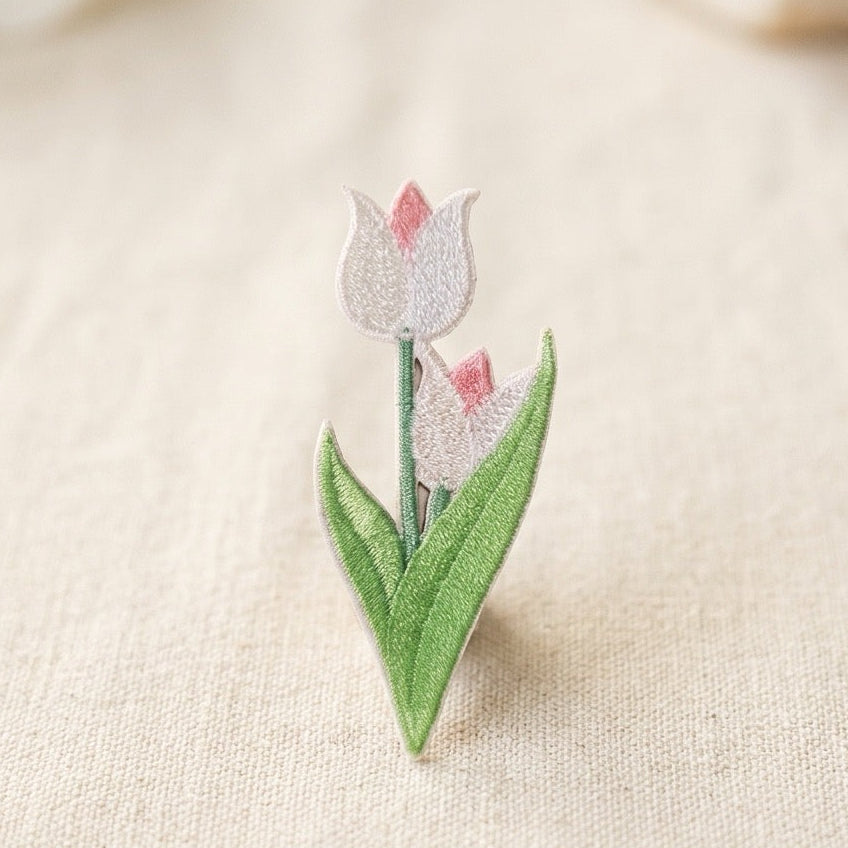 white and pink dual tulip elegant flower embroidered patch poster