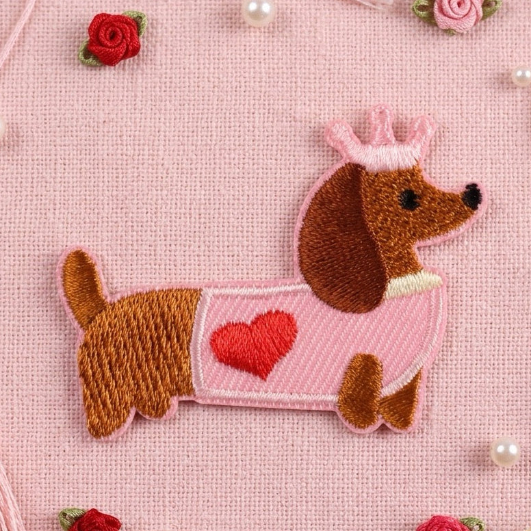 pink heart sweater and tiara dachshund royal crowned embroidered patch poster