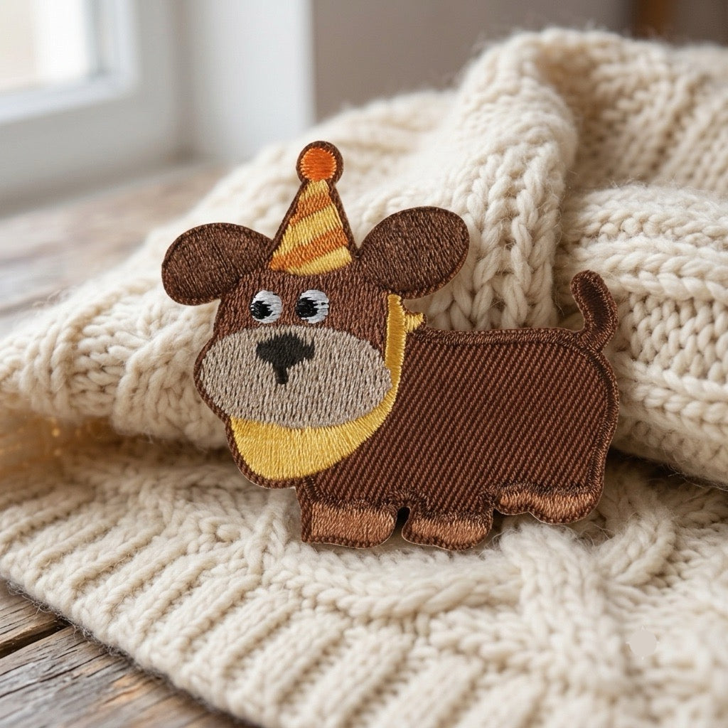 brown puppy with striped birthday hat cute dog and cat party embroidered patch poster