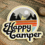 outdoor embroidered stick-on patches — explore wilderness deer shield night camping bears stoked on life wave and happy camper mountain designs