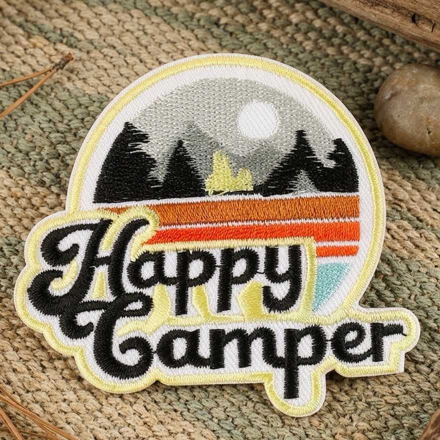 outdoor embroidered stick-on patches — explore wilderness deer shield night camping bears stoked on life wave and happy camper mountain designs