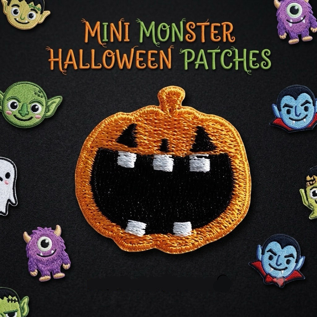 mini monster halloween embroidered stick-on patches collection — 15 designs including monsters ghosts skulls pumpkins bats and witch hat