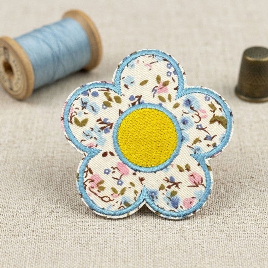 summer blue vintage ditsy floral bloom embroidered stick-on patch poster