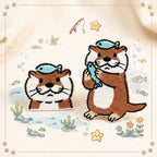 cute otter embroidered stick-on patches — standing otter holding fish and otter head with fish on top