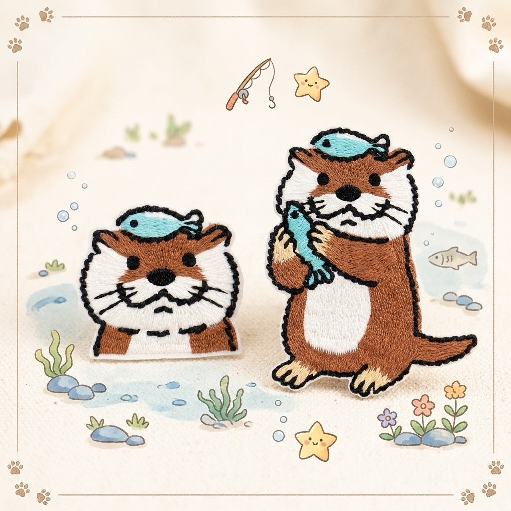 cute otter embroidered stick-on patches — standing otter holding fish and otter head with fish on top