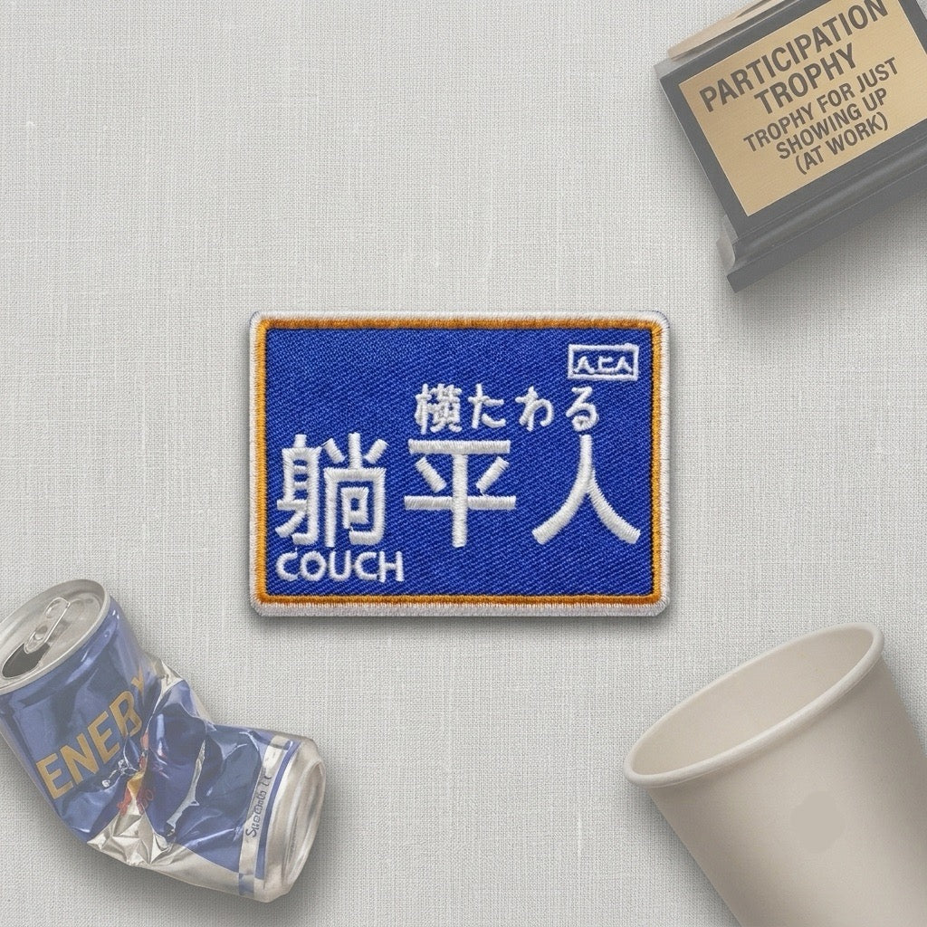 bed rotting champion embroidered patch poster — playful Asian internet humor design