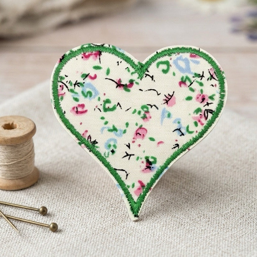 meadow green vintage ditsy floral heart embroidered stick-on patch poster