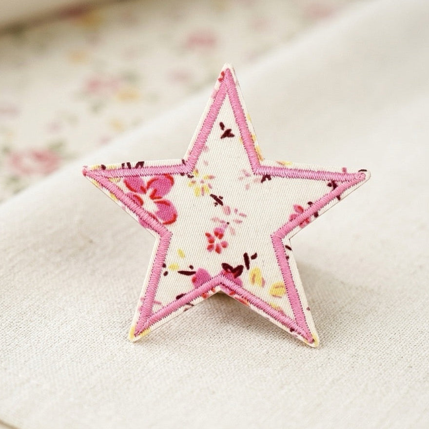 cottagecore pink vintage ditsy floral star embroidered stick-on patch poster