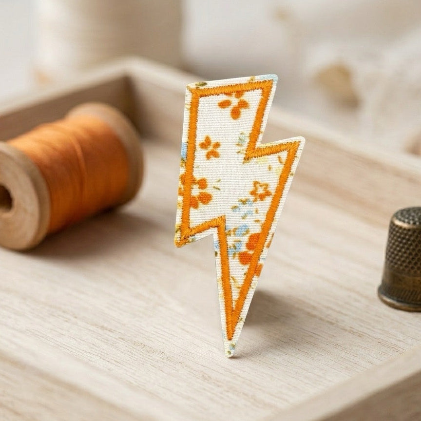 autumn orange vintage ditsy floral lightning bolt embroidered stick-on patch poster