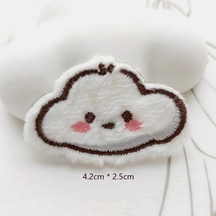 cute cloud embroidered stick-on patch — small white cloud with gentle face quiet minimal design