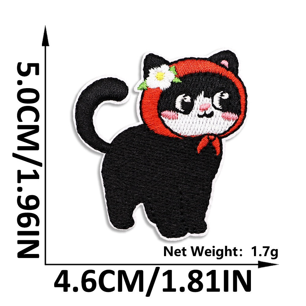 black tuxedo cat in red flower hood embroidered patch