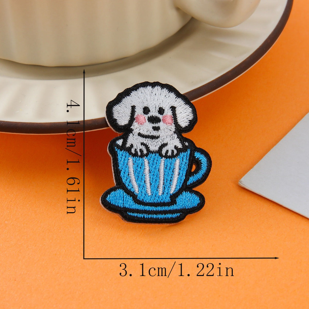 white dog in blue striped cup embroidered stick-on patch