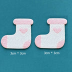 white and pink heart stocking embroidered stick-on patches — pair of white stockings with pink heart motif and white cuff and toe 30x30mm