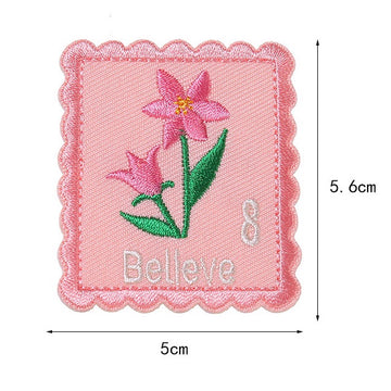 pink lily believe floral postage stamp embroidered stick-on patch