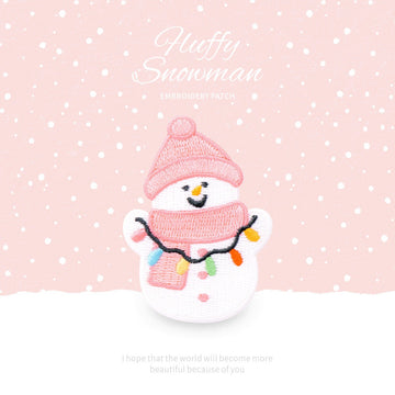 pink beanie christmas lights snowman fluffy winter embroidered stick-on patch