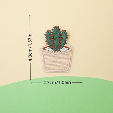 beige pot cactus embroidered stick-on patch — dark green cactus with visible spines