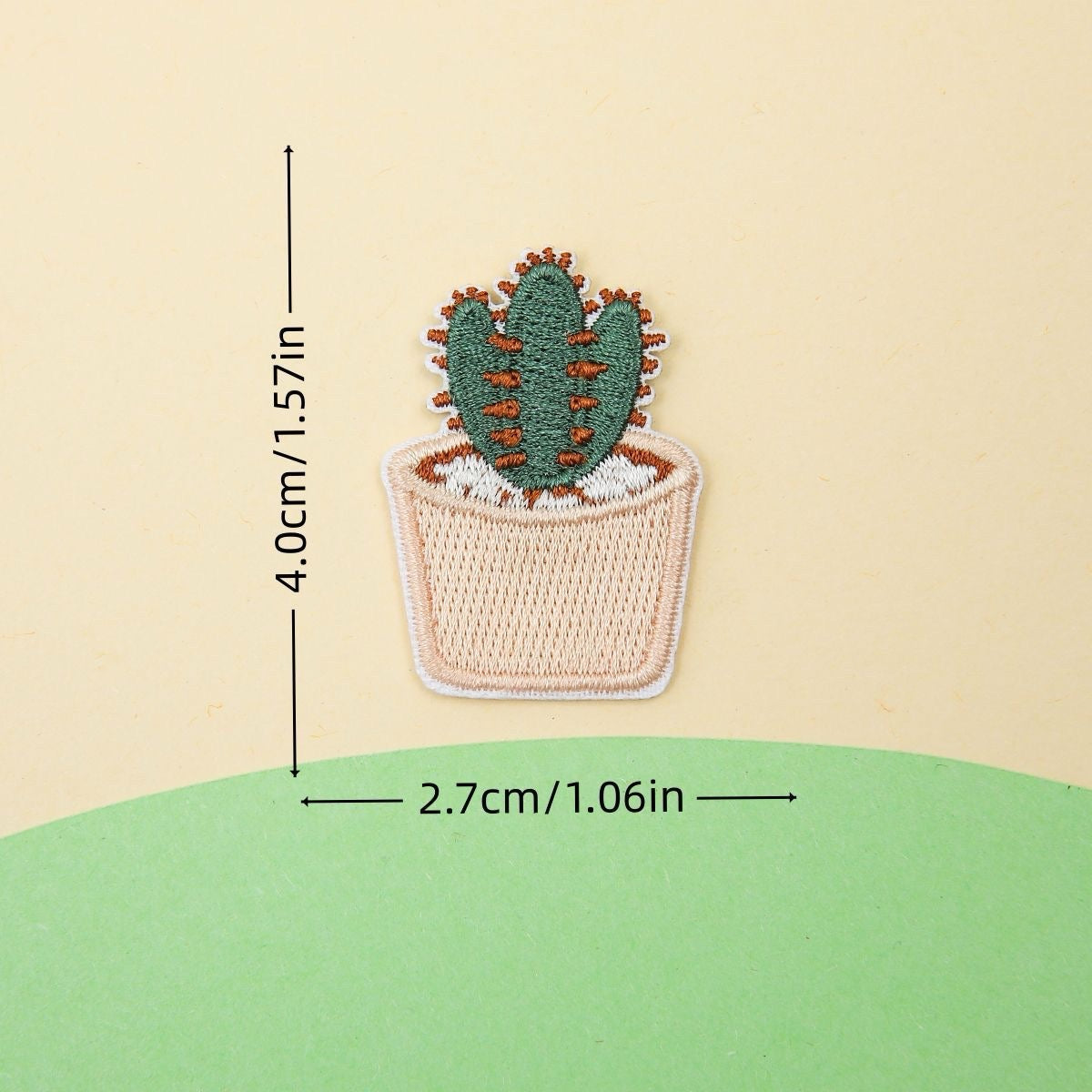 beige pot cactus embroidered stick-on patch — dark green cactus with visible spines