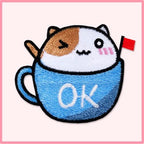 ok dark blue teacup cat kawaii embroidered stick-on patch