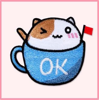 ok dark blue teacup cat kawaii embroidered stick-on patch