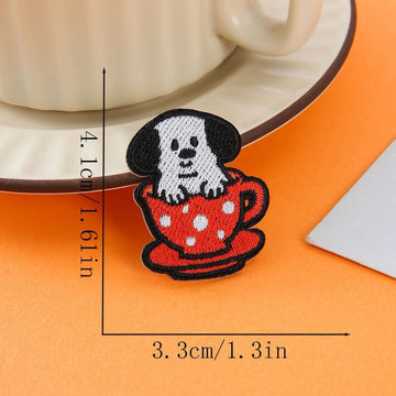 black ears dog in red polka dot cup embroidered stick-on patch