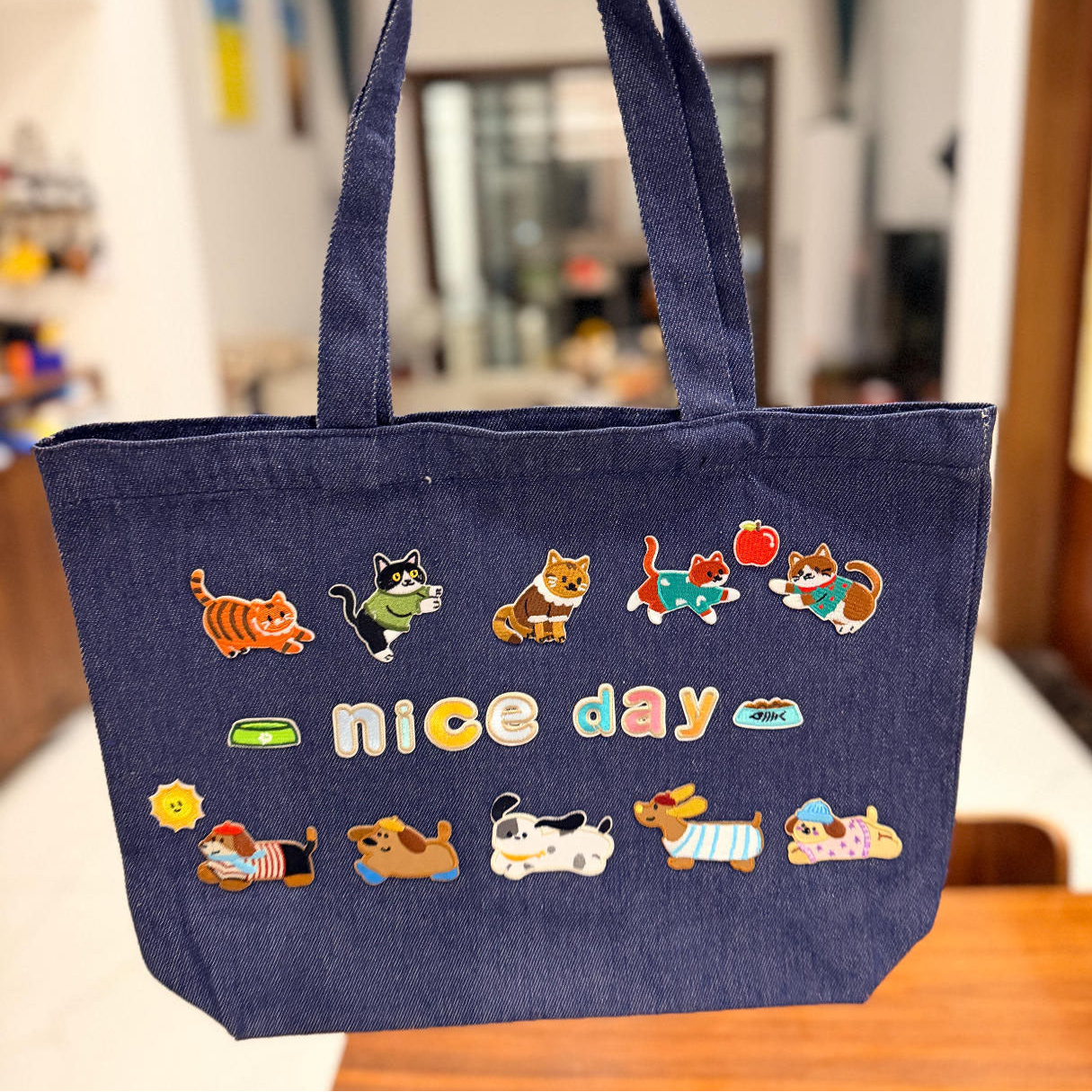 french beret wiener dog stick-on embroidered patch on tote bag