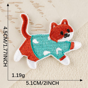 nergetic red cat in polka dot teal outfit whimsical embroidered stick-on patch