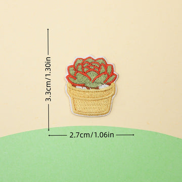 yellow pot red-trimmed succulent embroidered stick-on patch — green leaves with red edges