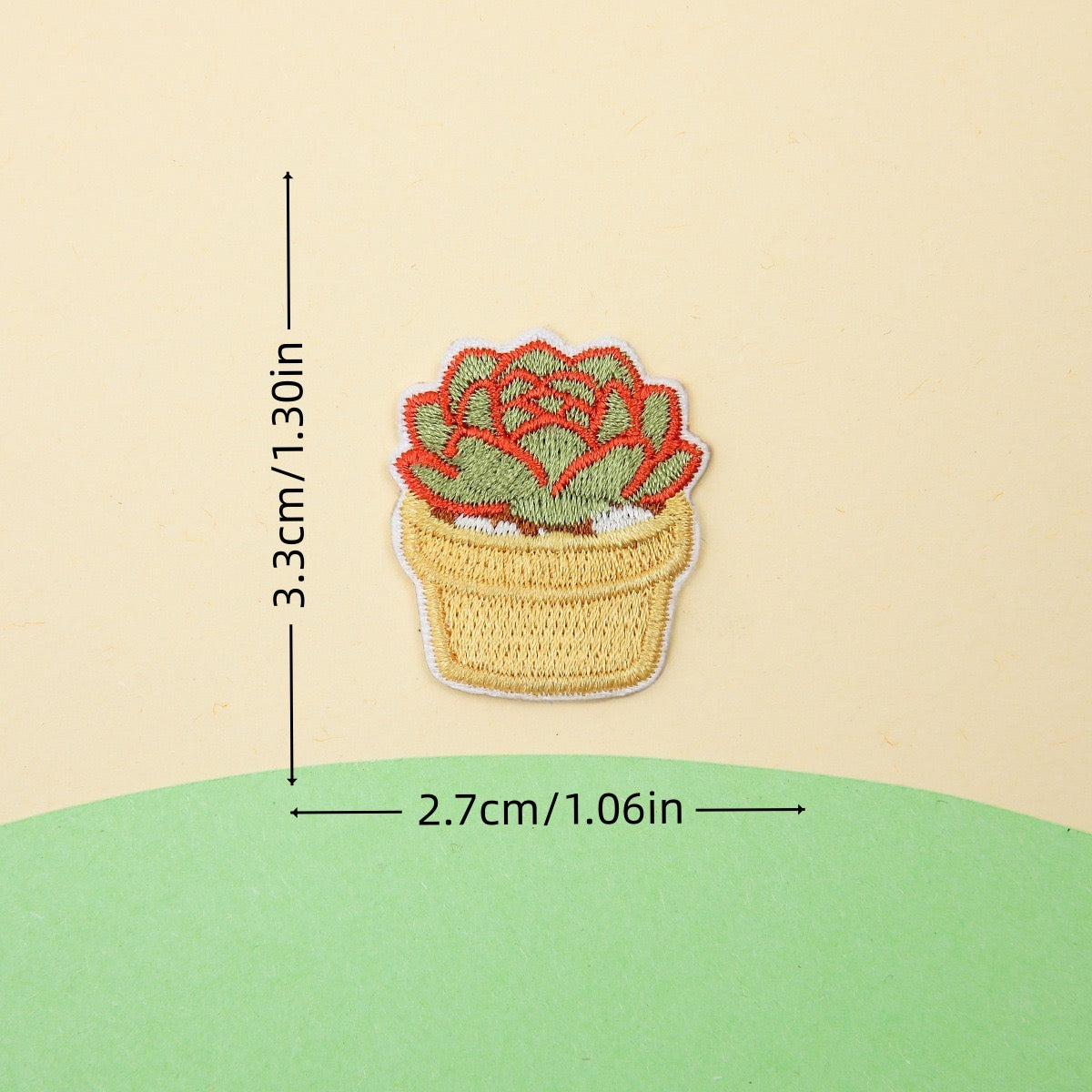 yellow pot red-trimmed succulent embroidered stick-on patch — green leaves with red edges