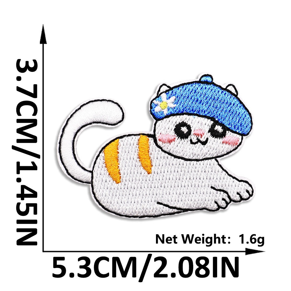 loafing white cat in blue flower beret embroidered stick-on patch
