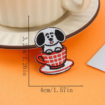 black ears dog in red plaid cup embroidered stick-on patch