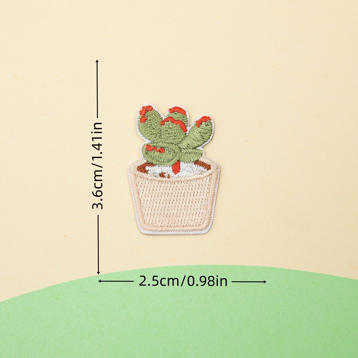 beige pot jade succulent embroidered stick-on patch — thick upright architectural leaves