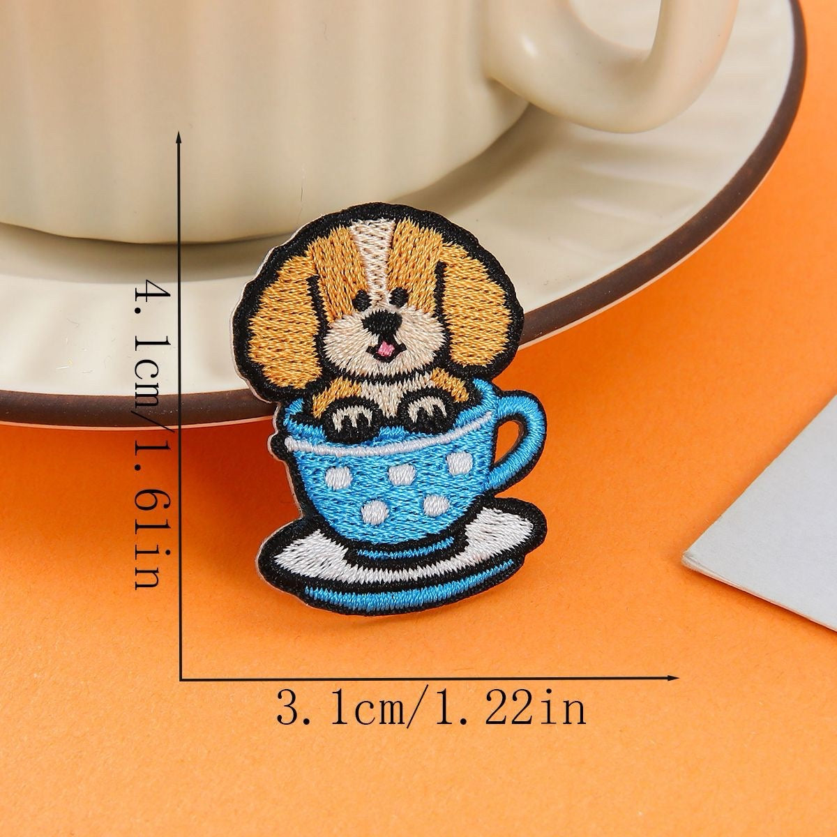 spotted dog in light blue polka dot cup embroidered stick-on patch