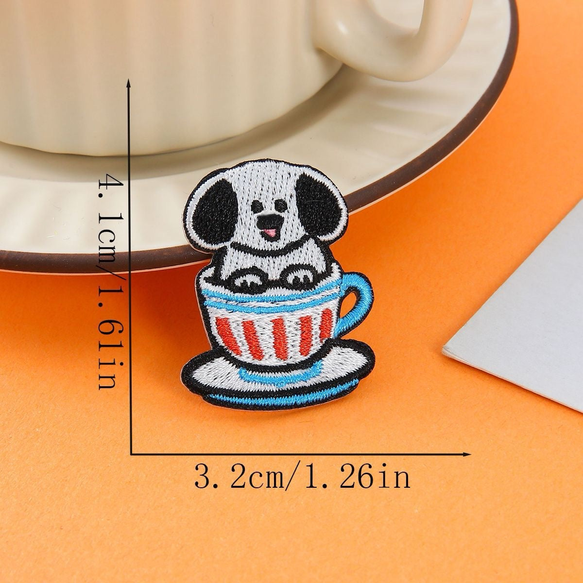 black ears dog in red and white striped cup embroidered stick-on patch