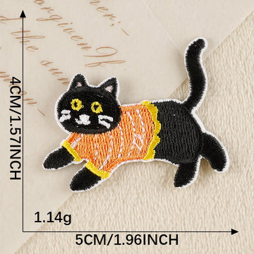 prowling black cat in vibrant orange vest whimsical embroidered stick-on patch