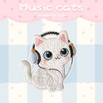 pure white cat with blue headphones kawaii embroidered stick-on patch