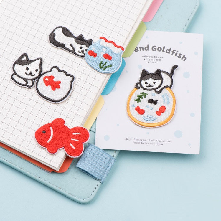 Cat and Goldfish Embroidered Patches - Multiple Designs Available - CheerCove