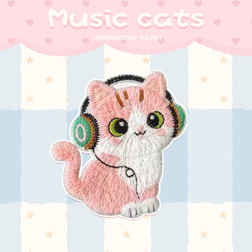 pink tabby cat with green headphones kawaii embroidered stick-on patch