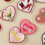 Y2K lettering heart embroidered stick-on patches — eight designs including LOVE BRAVE FREE HELLO Night Day CHEER LOVER and MOOD bold retro heart patches 36x33mm