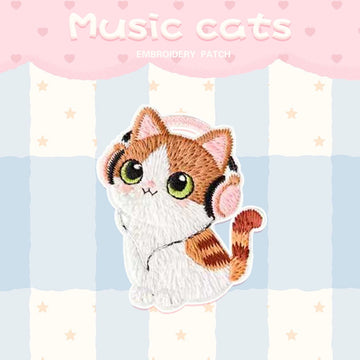 brown tabby cat with pink headphones kawaii embroidered stick-on patch